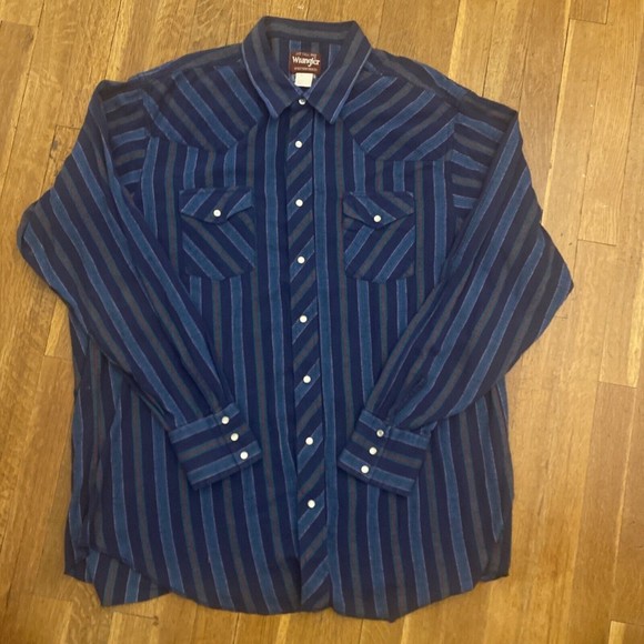 Wrangler Western Mens 2XT Tall Pearl Snap Shirt Flannel Long Sleeve Blue Stripe - Picture 1 of 10